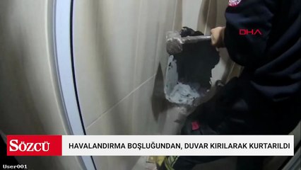 Kablo çekerken düştüğü havalandırma boşluğundan, duvar kırılarak kurtarıldı