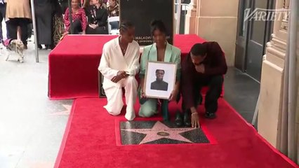 Michael B. Jordan, Letitia Wright and Simone Ledward-Boseman pose for photos with Chadwick Boseman's star