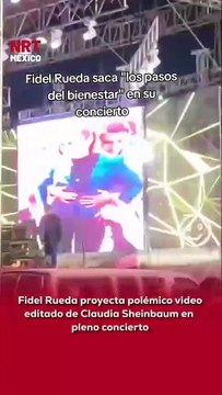 🎤 Durante uno de sus shows, #FidelRueda proyectó un video editado donde aparece la presidenta Claudia Sheinbaum bailando con el hombre que la acosó.
