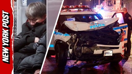 Bus collides with cop car, smashes into NYC hotel leaving two injured