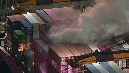 Aerials show fire being extinguished on ship at San Pedro port