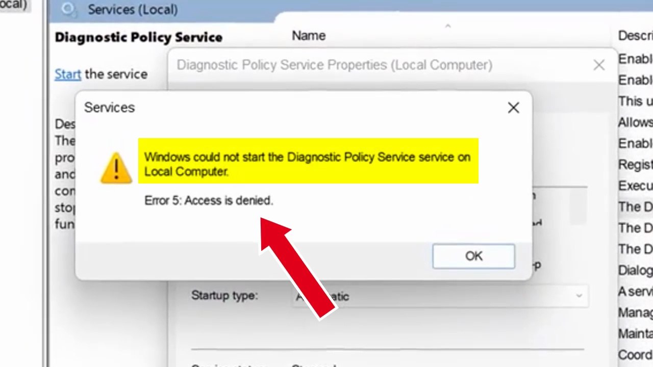 Windows could not start the Diagnostic Policy Service on local computer. Error 5: Access is denied - Solved