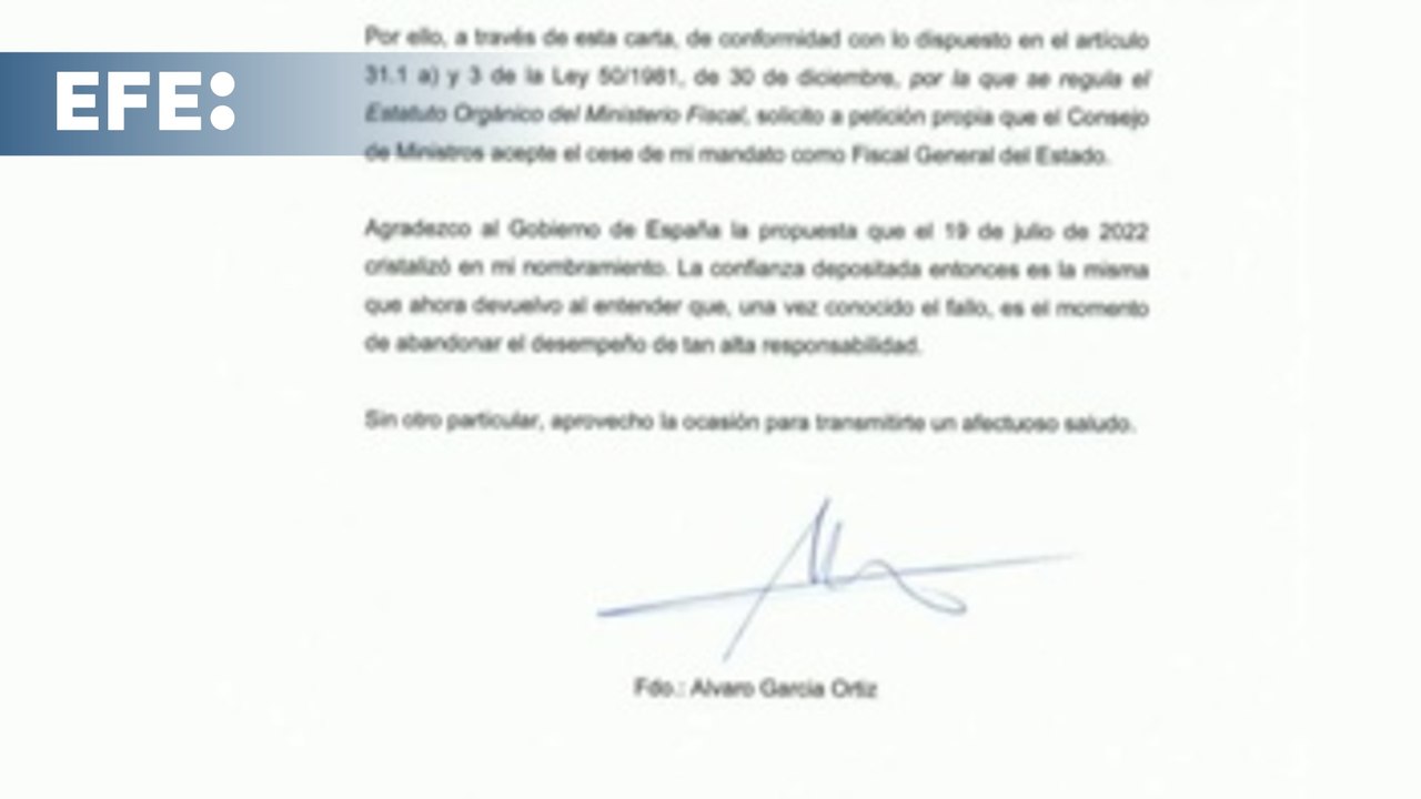 El fiscal general de España renuncia a través de una carta enviada al ministro de Justicia