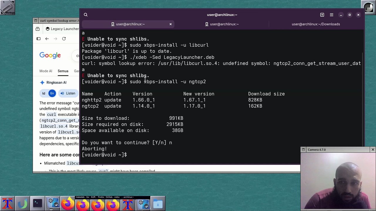 Fixing curl symbol lookup error undefined symbol /.../libcurl.so ngtcp2.... on void linux
