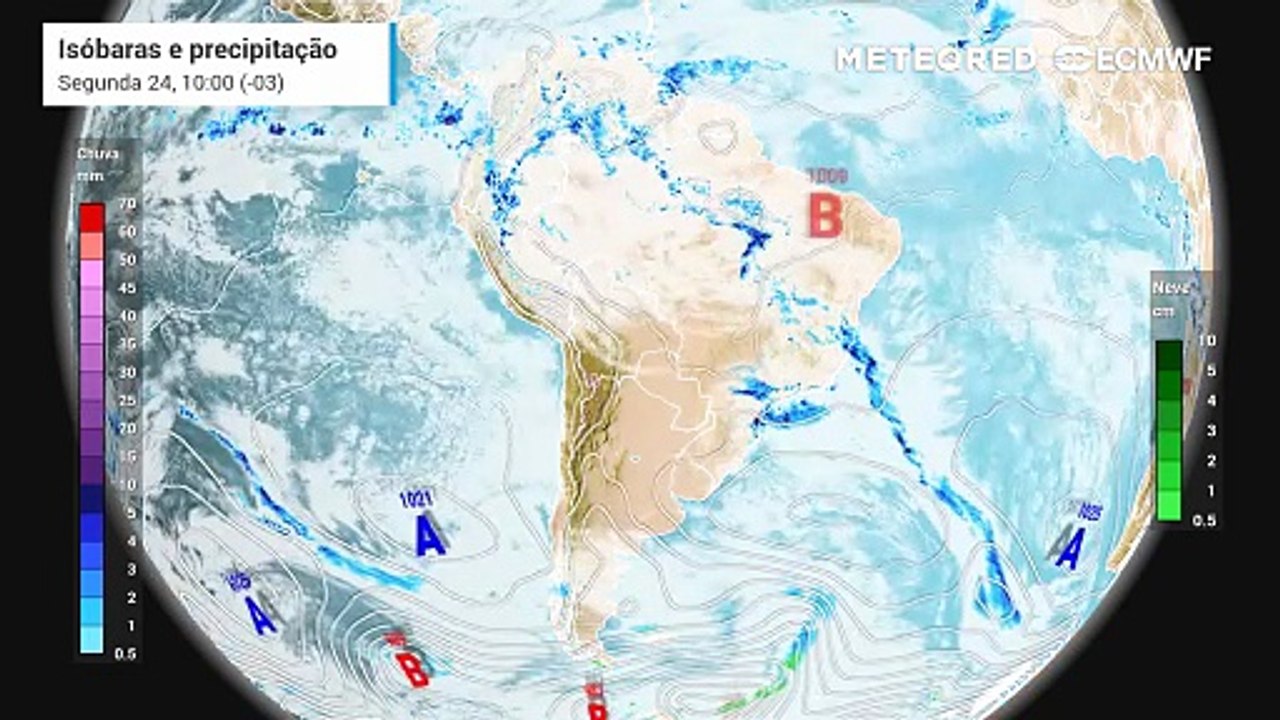 Segunda-feira, 24 de novembro: Previsão de nebulosidade, chuva e pressão a nível médio do mar entre segunda (24) e quarta-feira (26).