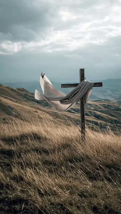 Cross on a hillside with a shawl on it blowing
