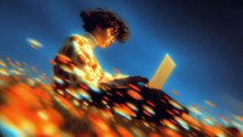 A teenager operating a laptop in space Dreamy Scene
