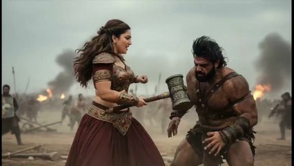 Woman warrior fighting man (Queen of the Shattered Iron).