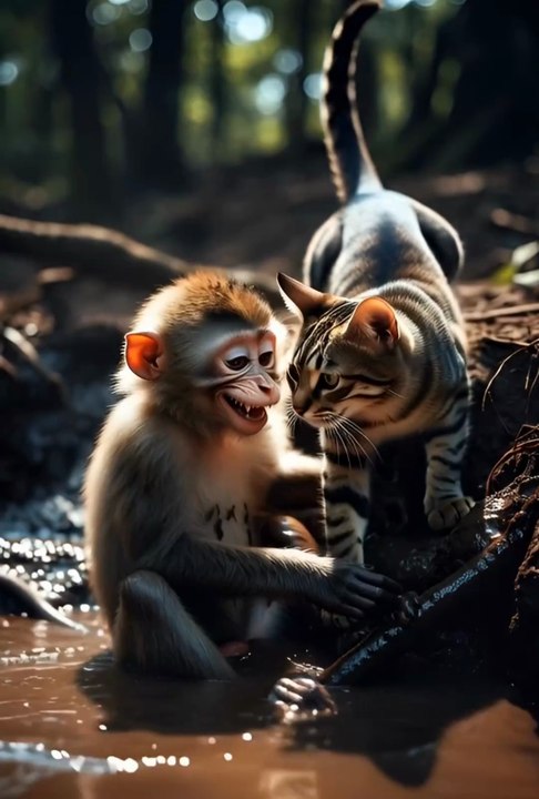Cat prank with monkey funny