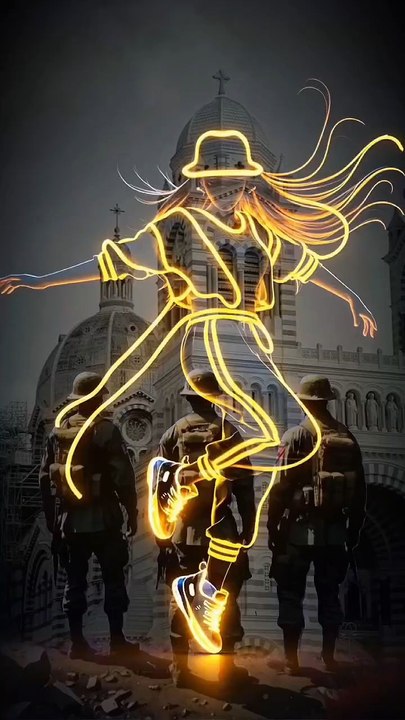 Danseuse fluorescente en plein   glow  derrière 3 soldats vwi l'évent les bras la Major intouchable même a travers les époques