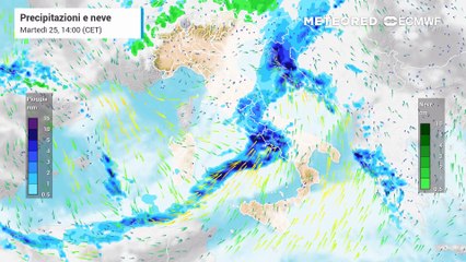 Mappa relativa a pioggia e neve previste nei prossimi giorni in Italia