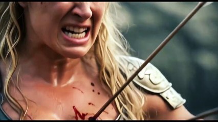 Strong woman warrior struck by multiple arrows (Arrows of the End).