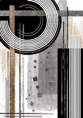 Contemporary abstract composition featuring geometric shapes, lines, circles, and textured brushstrokes in gold, black, and grey
