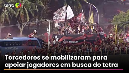 Com rubro-negros até em cima do ônibus, torcida do Flamengo faz festa no ‘Aerofla da Libertadores’