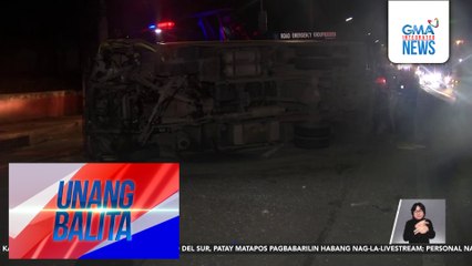 Closed van, bumangga sa poste ng ilaw sa EDSA-Santolan Flyover at nalaglag; tumakas na driver, hinahanap | Unang Balita