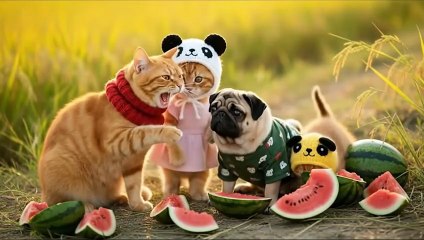 Tiger-Hat Kitten and a Friend Sneak to Pick Melons While Mama Cat & Ginger Sister Are Away