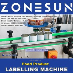 Introducing ZONESUN ZS-TB822Y Automatic Dual System Luncheon Meat Round Metal Cans Coemstic Cream Bottle Front Side & Bottom Side Food Product Labeling Machine Canned Food Label Applicator
