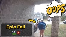 Girl falls dramatically while being chased out of the house by her brother                                 .