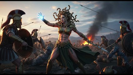 Medusa defeats Greek soldiers in battle.