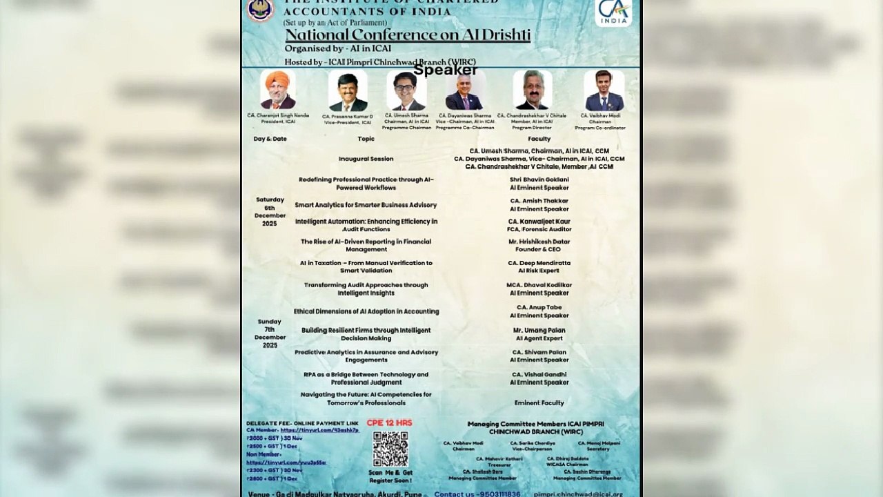 National Conference on AI Drishti, organised by AI in ICAI and hosted by the ICAI Pimpri Chinchwad Branch (WIRC), scheduled on 6th & 7th December 2025.