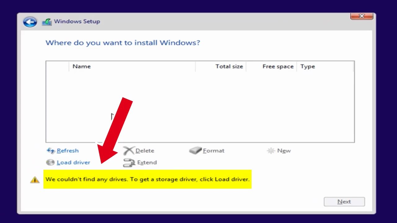 We couldn't find any drives. To get a storage driver, click load driver ...