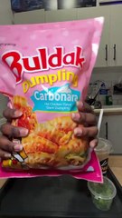 Abigail trying the viral Samyang carbonara dumplings #oreemart #conveniencestore #dumplings #lunch