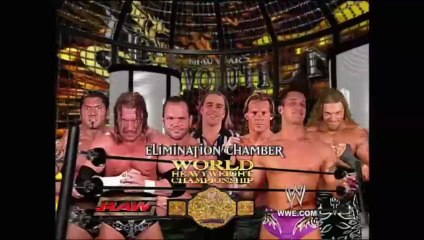 Triple H w/ Ric Flair vs Batista vs Randy Orton vs Chris Jericho vs Edge vs Chris Benoit - Shawn Michaels as Special Guest Referee - World Heavyweight Championship Elimination Chamber Match - New Year’s Revolution 2005 9/1/05