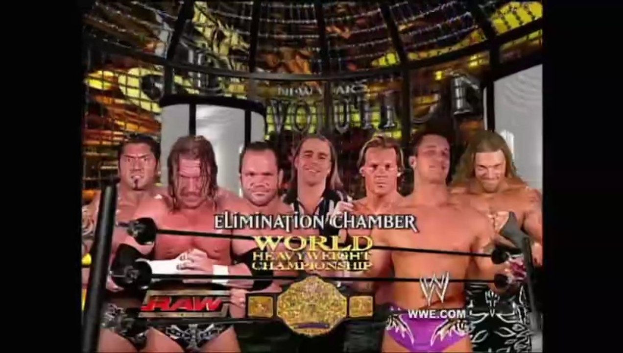 Triple H w/ Ric Flair vs Batista vs Randy Orton vs Chris Jericho vs Edge vs Chris Benoit - Shawn Michaels as Special Guest Referee - World Heavyweight Championship Elimination Chamber Match - New Year’s Revolution 2005 9/1/05