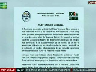 Movimiento de Amistad Mutua Venezuela-Cuba repudia las declaraciones de EE.UU. sobre el cierre aéreo