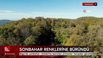 Çanakkale'de sonbahar renklerine bürünen ormanlar havadan görüntülendi