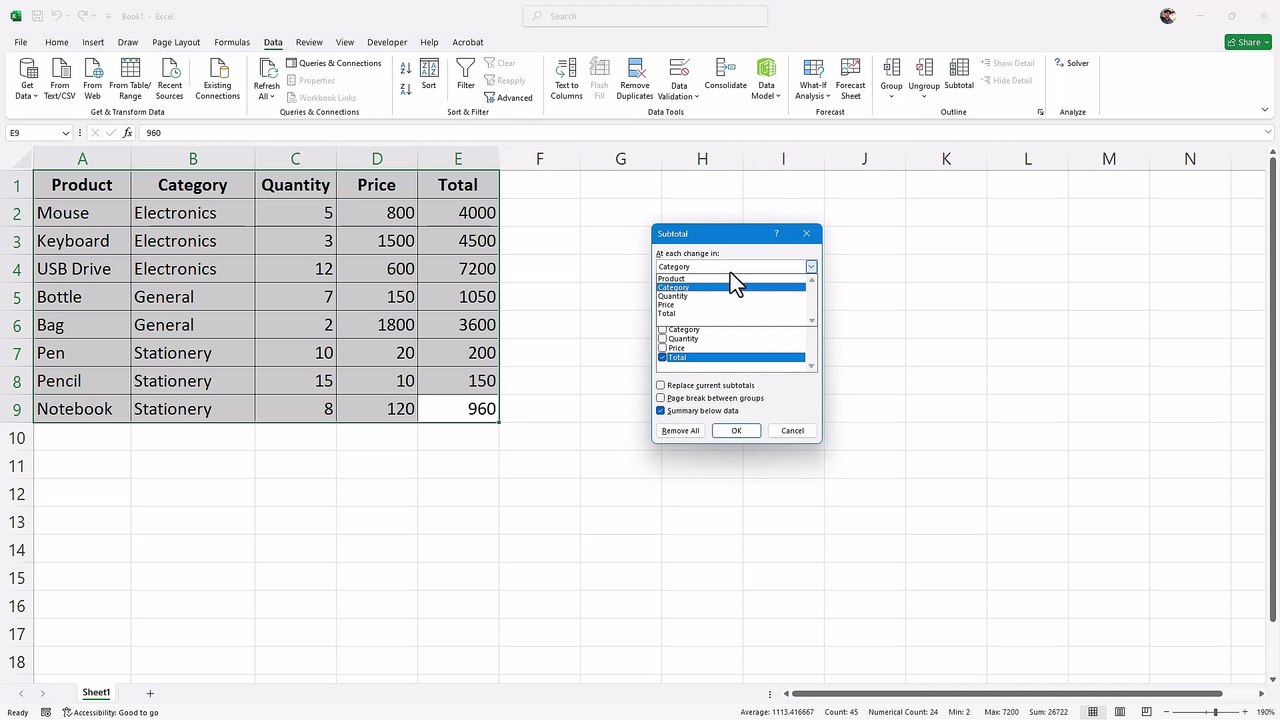 Microsoft Excel 65 Inserting Subtotals