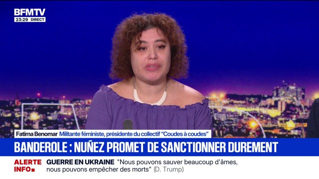 Banderole féministe retournée par des policiers: C'est aussi un signe très distinctif de l'ultradroite , estime Fatima Benomar, présidente du collectif Coudes à coudes