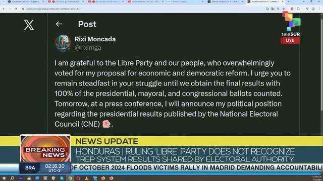 Honduras: Candidate Rixi Moncada denounces preliminary election results