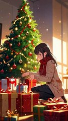 A cheerful girl places glowing gifts under a sparkling Christmas tree, her face bright with holiday happiness as warm lights fill the cozy room.