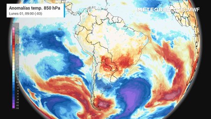 Pronóstico de anomalías de temperatura en 850 hPa: Lunes 1 de diciembre
