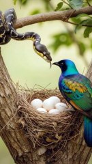 A snake attacks a bird's nest to eat the eggs🥚🐍
