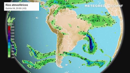 Segunda-feira, 01de dezembro: Corredor de umidade se forma a partir desta quarta-feira (3) e proporciona chuvas intensas e riscos de tempestades sobre grande parte do Brasil.