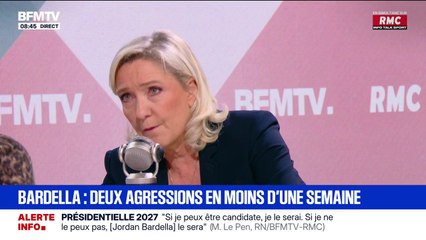 Agression de Jordan Bardella: "C'est un symptôme d'une violence en politique que nous subissons depuis trente ans", assure Marine Le Pen
