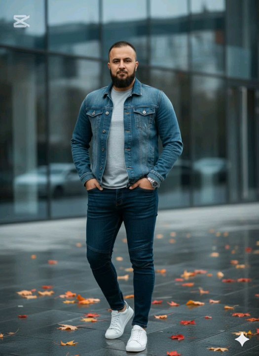 "Casual vibes 💁‍♂️! Caught in the moment 🌟 with this stylish fella rocking a denim jacket 🛍️, dark jeans 👖, and crisp white kicks 👟. Autumn leaves 🍁 scattered around on a sleek urban backdrop 🌆. #CasualChic #AutumnVibes #StreetStyle #DenimLove"