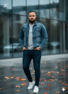 Casual vibes 💁‍♂️! Caught in the moment 🌟 with this stylish fella rocking a denim jacket 🛍️, dark jeans 👖, and crisp white kicks 👟. Autumn leaves 🍁 scattered around on a sleek urban backdrop 🌆. #CasualChic #AutumnVibes #StreetStyle #DenimLove