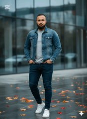 "Casual vibes 💁‍♂️! Caught in the moment 🌟 with this stylish fella rocking a denim jacket 🛍️, dark jeans 👖, and crisp white kicks 👟. Autumn leaves 🍁 scattered around on a sleek urban backdrop 🌆. #CasualChic #AutumnVibes #StreetStyle #DenimLove"