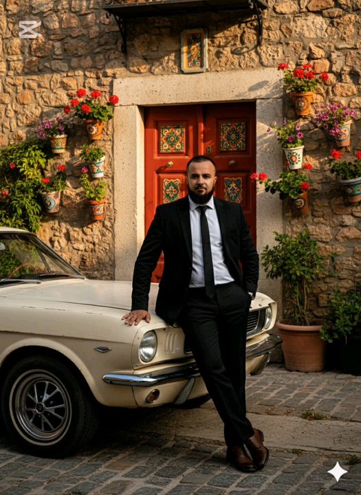 "Boss vibes 💼🚗! Dashing gent in a sleek black suit 💼, posing cool by a vintage cream ride 🚗 in front of a rustic stone wall 🏠 adorned with colorful pots 🌺 & a pop of red doors 🔥. Brown boots 🥿 add that sharp touch. #VintageCar #SuitsAndCars"