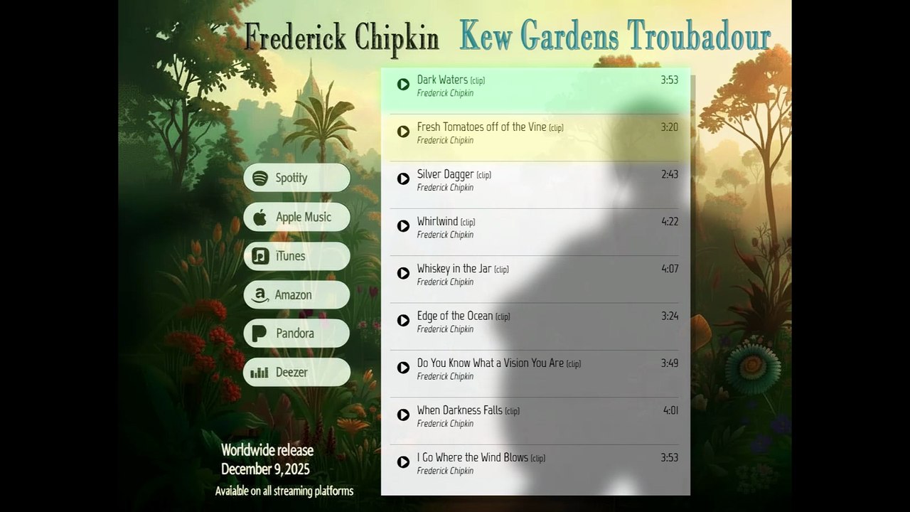 ✨Very excited to announce my debut album! Here are a few sample clips from Frederick Chipkin – Kew Gardens Troubadour.