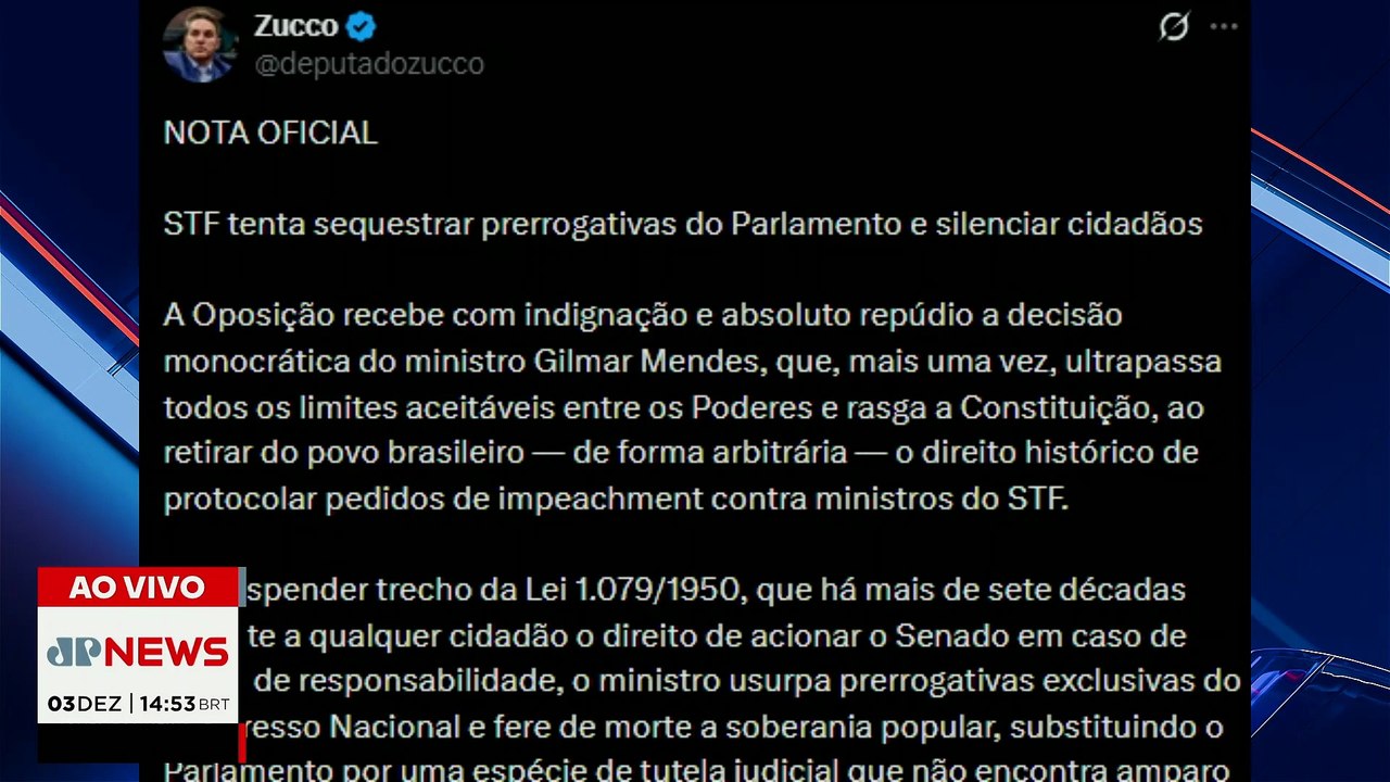 Gilmar Mendes determina que apenas PGR pode pedir impeachment de ministros do STF | TEMPO REAL