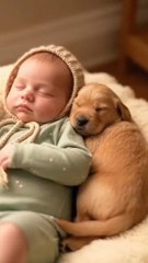 In a moment full of love and warmth, the baby sleeps next to his little puppy, a scene that beats with tenderness and comfort. 🐶❤️ #baby #puppy #ai