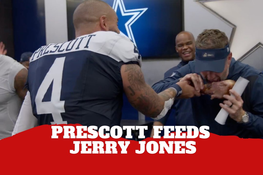 Dak Prescott kicks off the Thanksgiving turkey feast with Cowboys owner Jerry Jones.