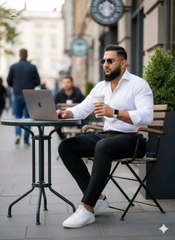 "Chillin' and workin' vibes ☕️💻! Caught in the moment: a stylish dude crushing it on his MacBook at a cozy outdoor café. Coffee in one hand, productivity in the other 🔥. #ProductivityVibes #CaféLife #WorkMode #OutdoorWork"