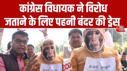 बंदर की ड्रेस पहनकर पहुंचे MLA, भोपाल में कांग्रेस का अनोखा प्रदर्शन; Video