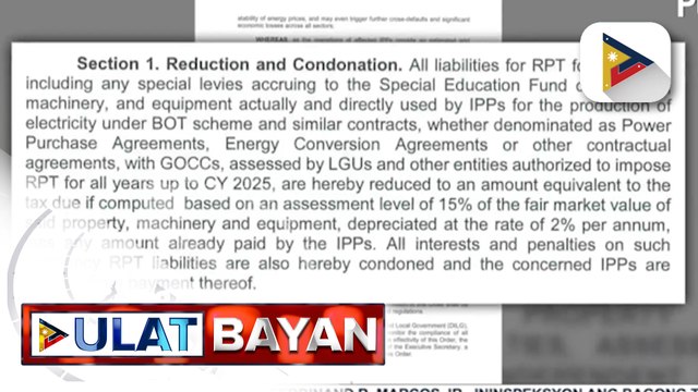 PBBM, inaprubahan ang pagtapyas sa real property tax ng independent power producers
