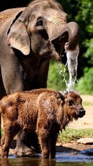Elephant Washes Baby Buffalo with Trunk – Cute Animal Bath Time Video
